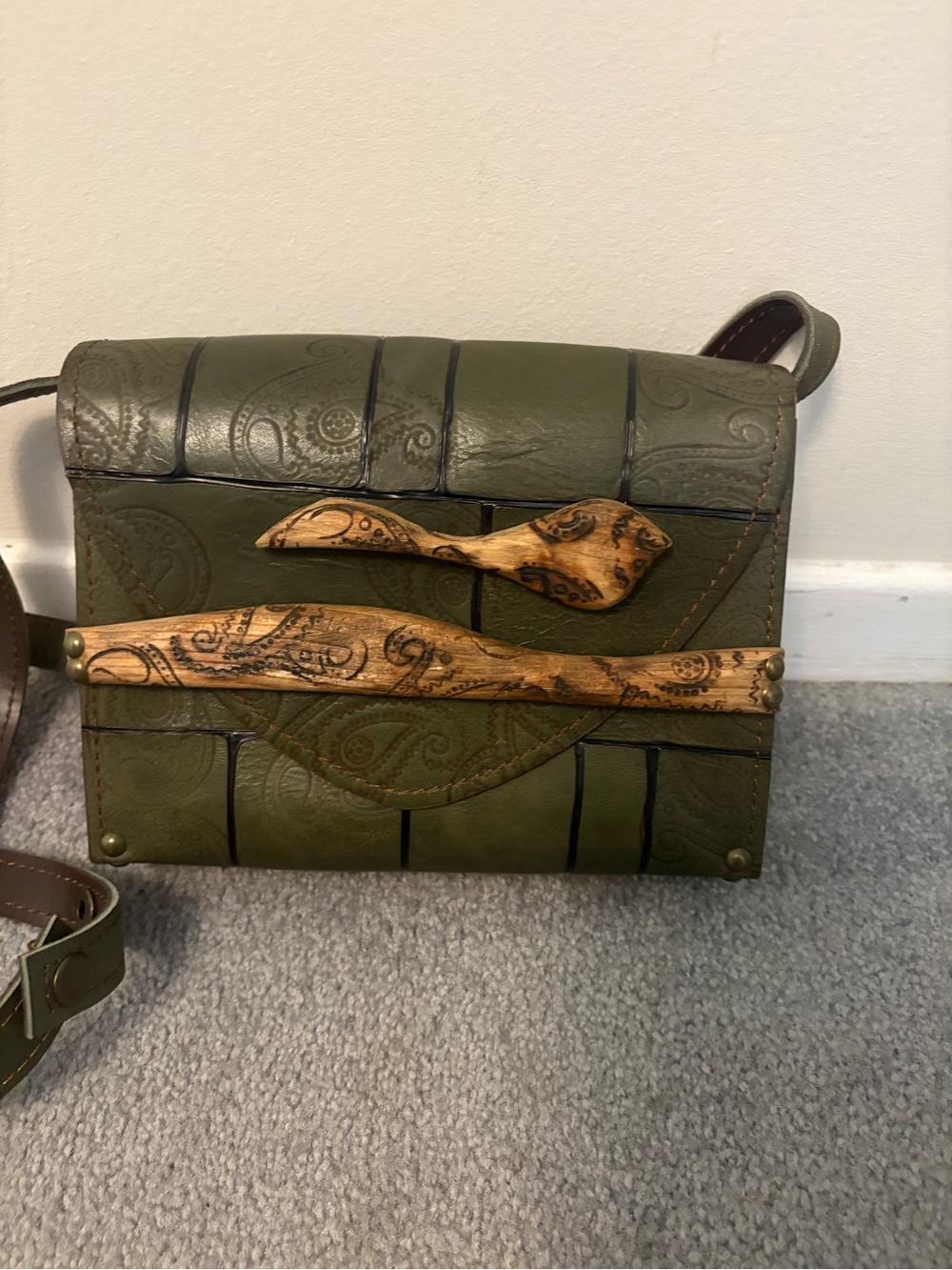 Handcrafted Olive Green Boho Leather Crossbody with Carved Wood Accent